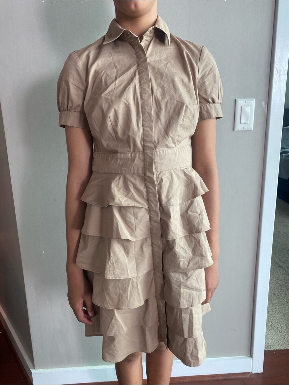 The Limited Tan Tiered Ruffle Shirt Dress